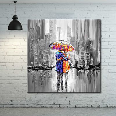 Urban paintings and urban scenes of cities with figures and silhouettes with umbrellas