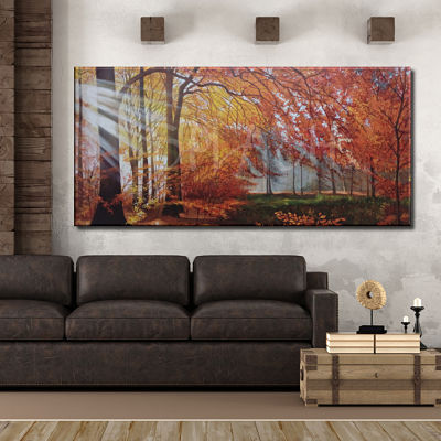 Autumn landscape painting with trees in warm toasted tones painted by hand