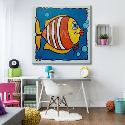 Modern picture for babies and toddlers with yellow, orange and blue fish