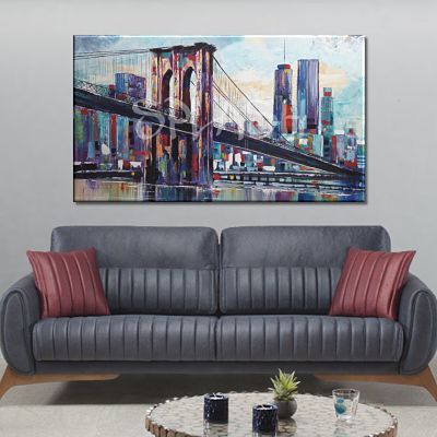 Modern skyline painting of New York painted with colorful Brooklyn Bridge from Madrid, Venice, London, Paris and various cities
