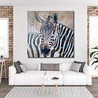 Painting of ethnic animals with a pair of zebras in black and white with brown and sienna touches for salon