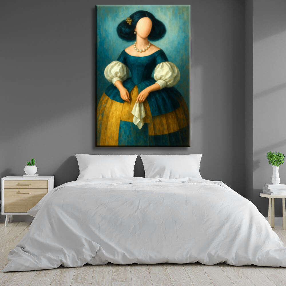 Cuadro de menina turquesa y ocre