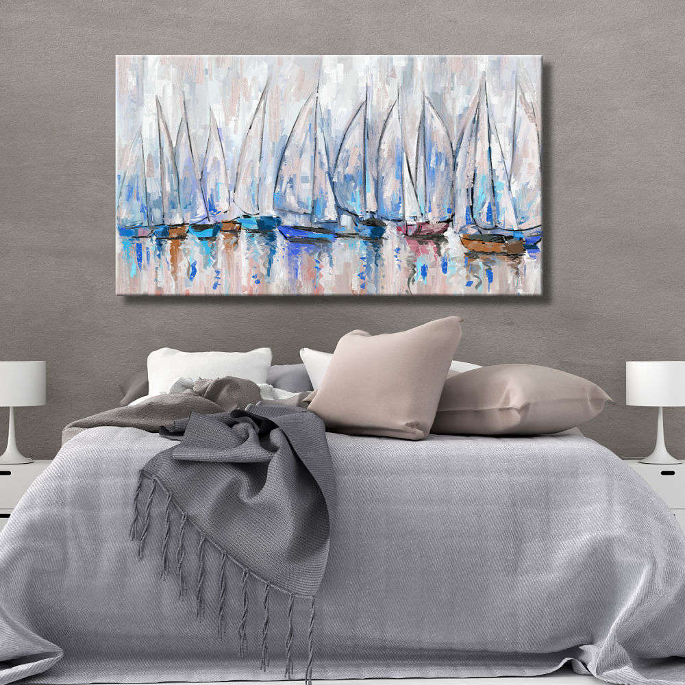 Cuadro de marina con veleros en azules