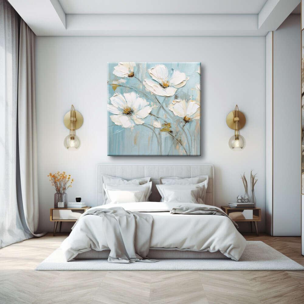 Cuadro de flores blancas en azul