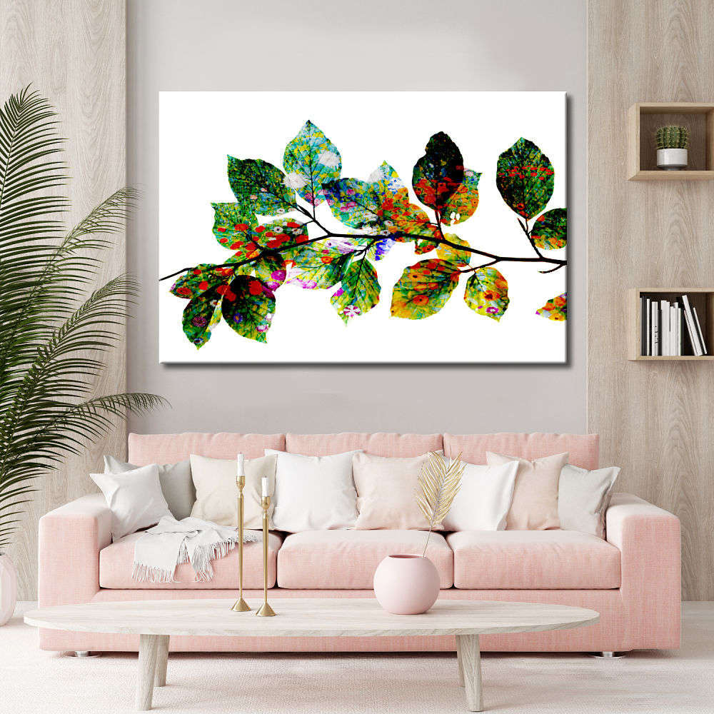 Cuadro de hojas con flores y fondo blanco