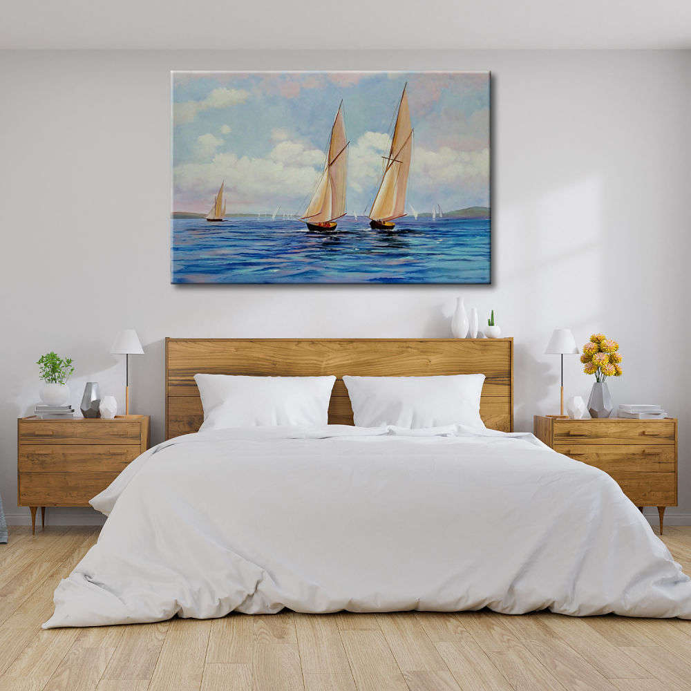 Cuadro de marina azul con veleros
