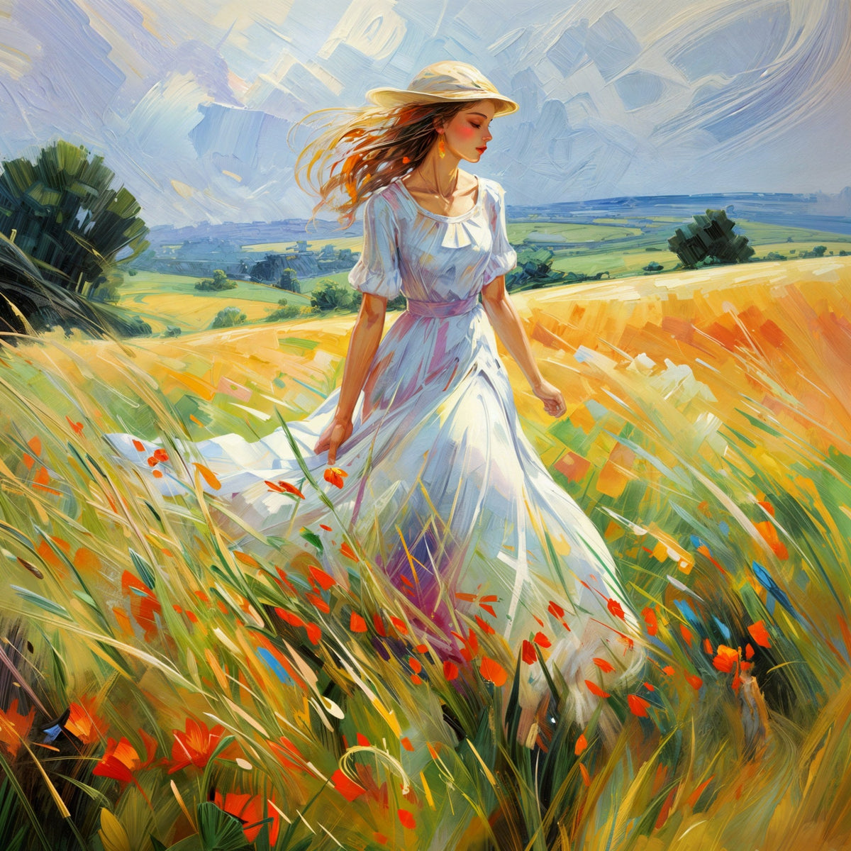 Cuadro Mujer Paseando con Flores - la obra
