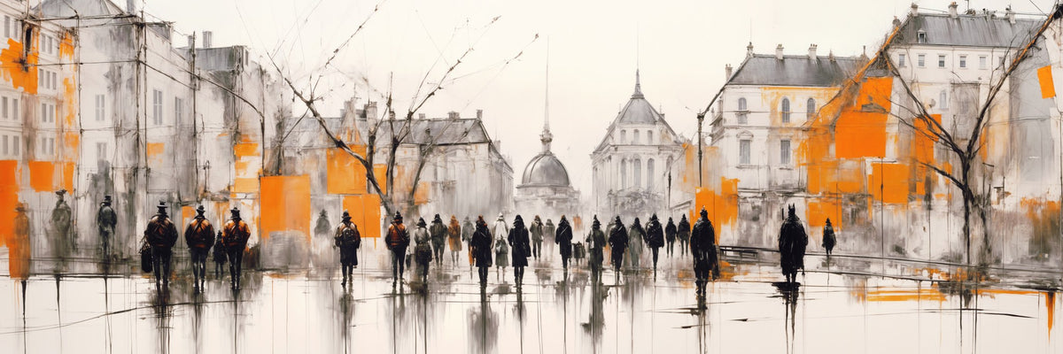 Cuadro Urbano Paseantes en Naranja - la obra