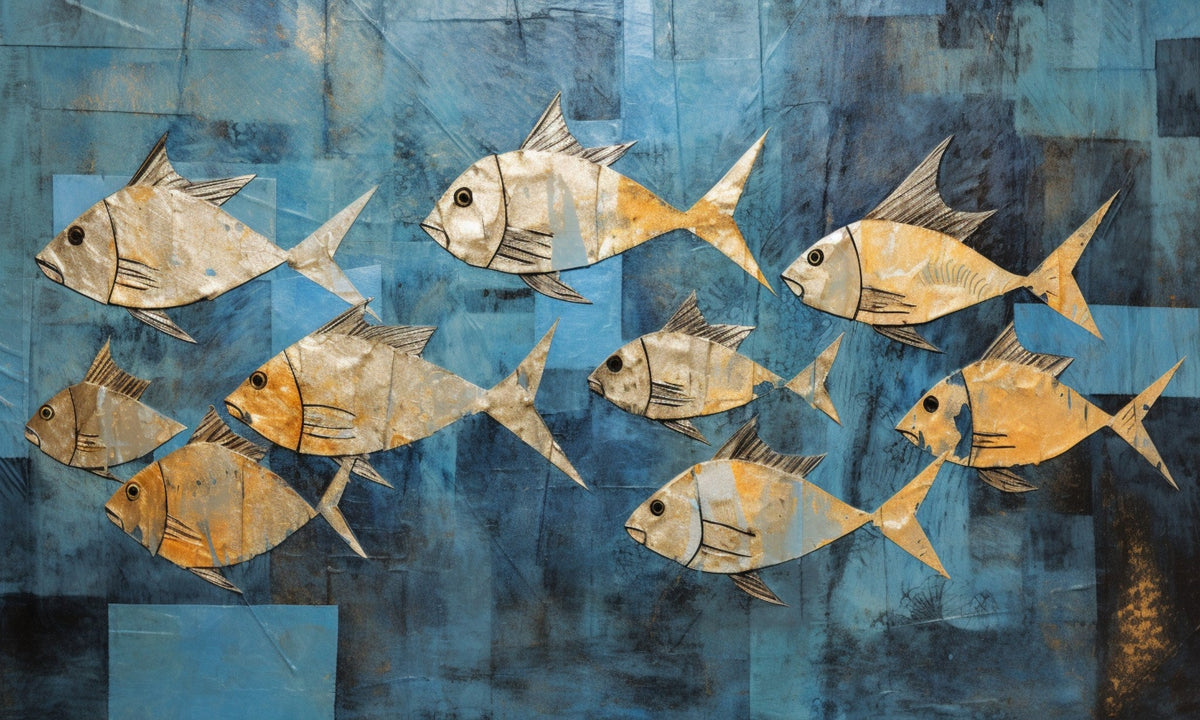 Cuadro Peces Ocre sobre Azul - la obra
