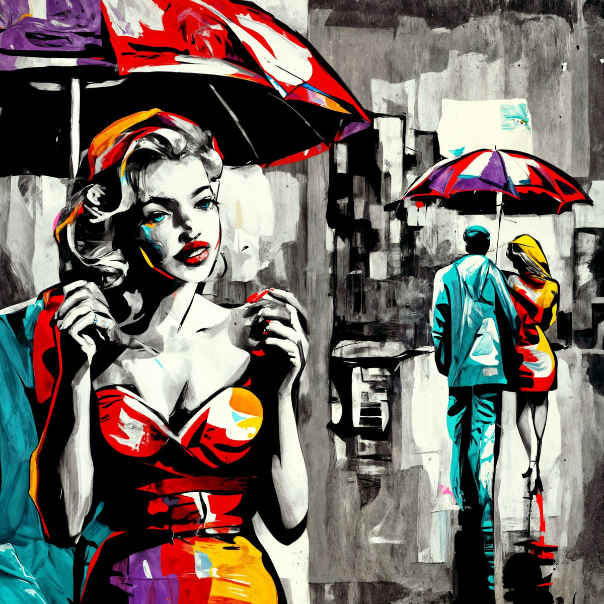 Cuadro pop art de figuras y paraguas - la obra