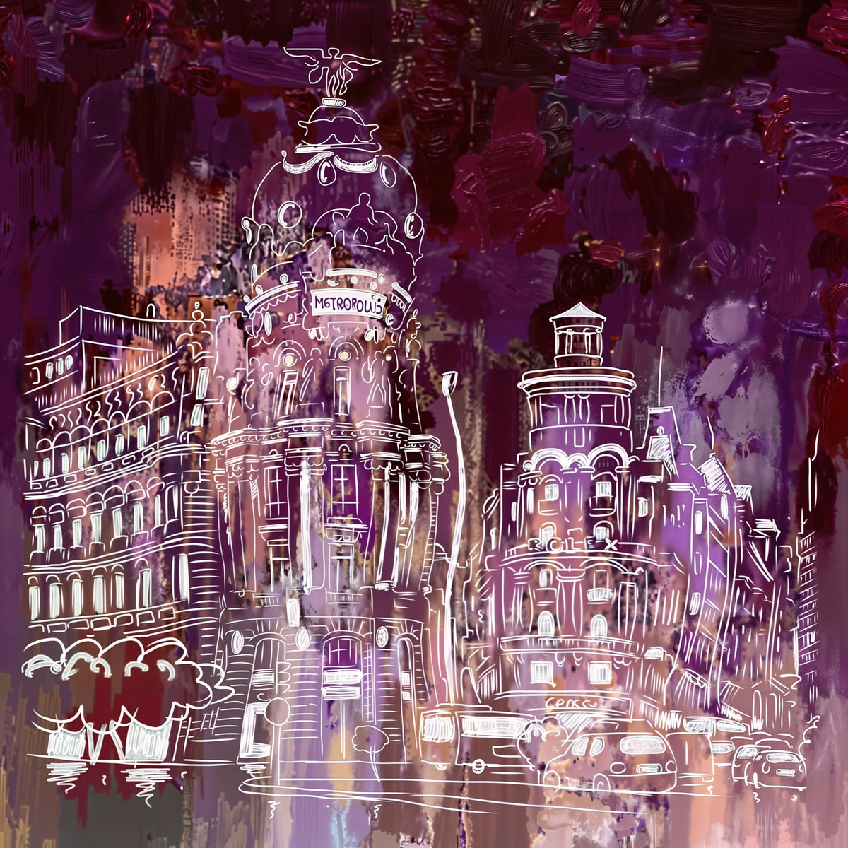 Edificio Metropolis Madrid en morado y blanco - la obra