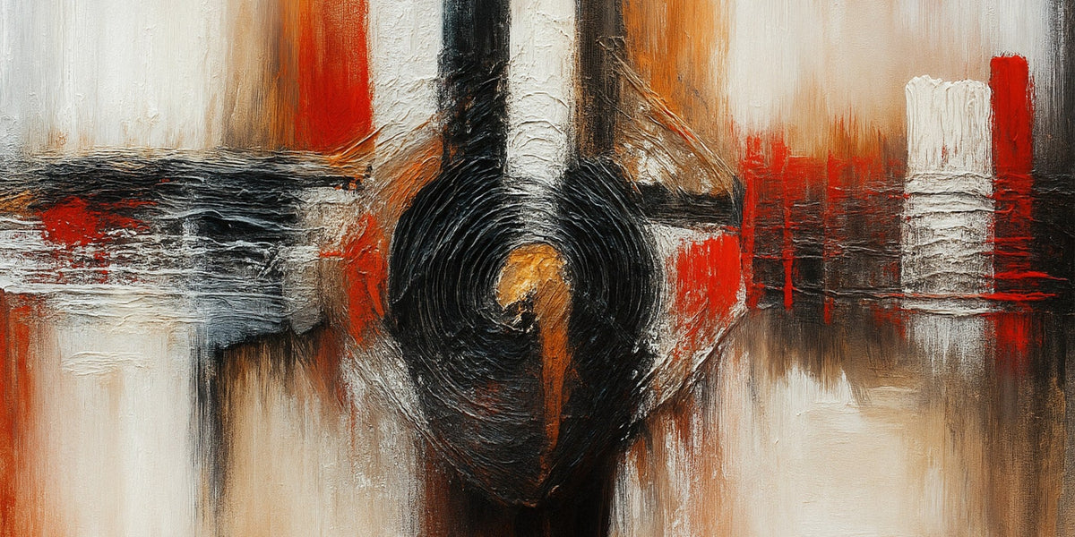 Abstracto en beige, rojo, naranja y negro - la obra