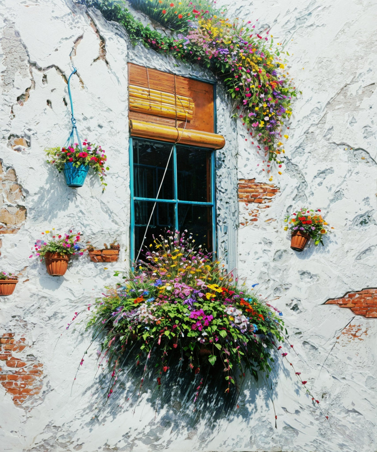 Cuadro ventana con flores y textura - la obra