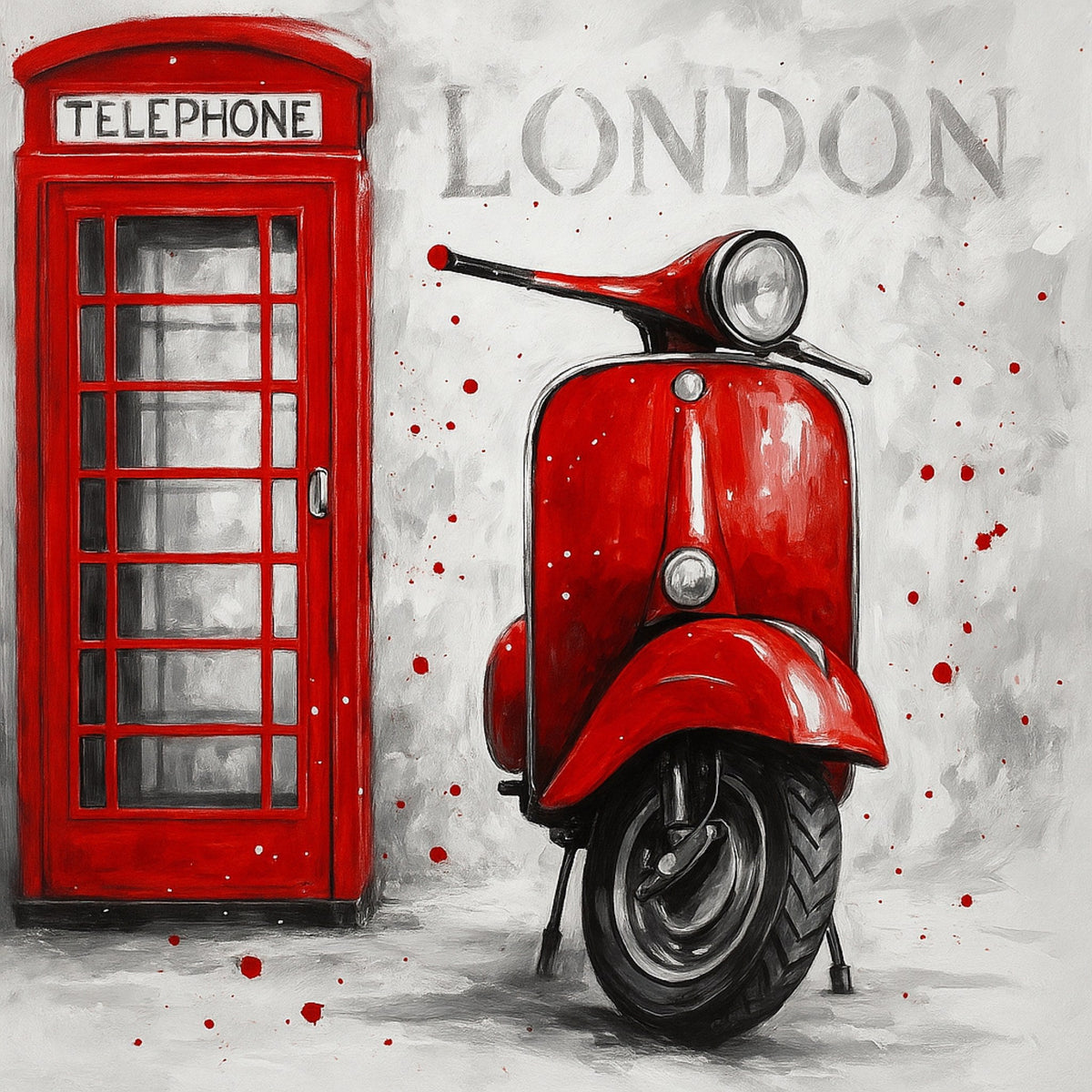 Cuadro de vespa con cabina telefónica - la obra