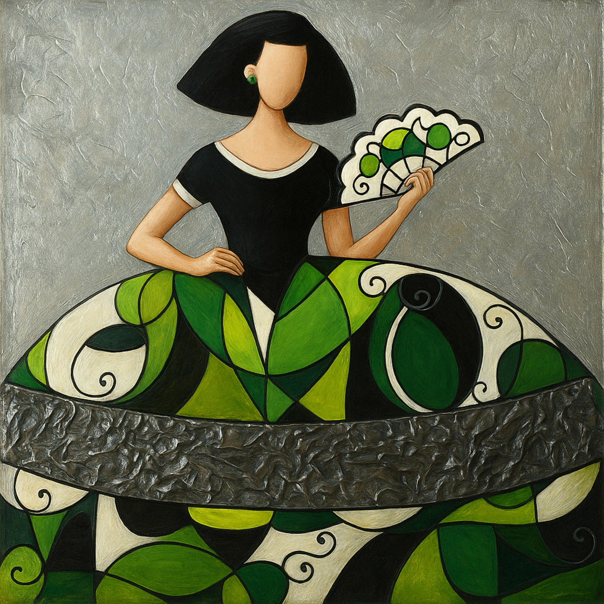 Cuadro Menina colores verdes y abanico - la obra