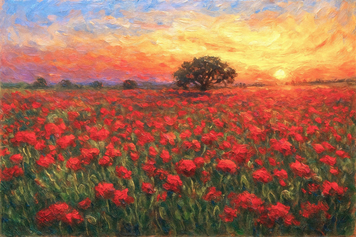 Cuadro paisaje al atardecer y campo de amapolas - la obra