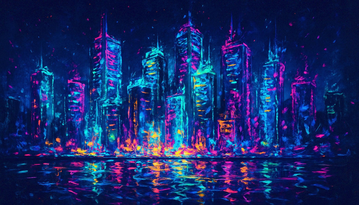 Cuadro con skyline de edficios nocturno - la obra