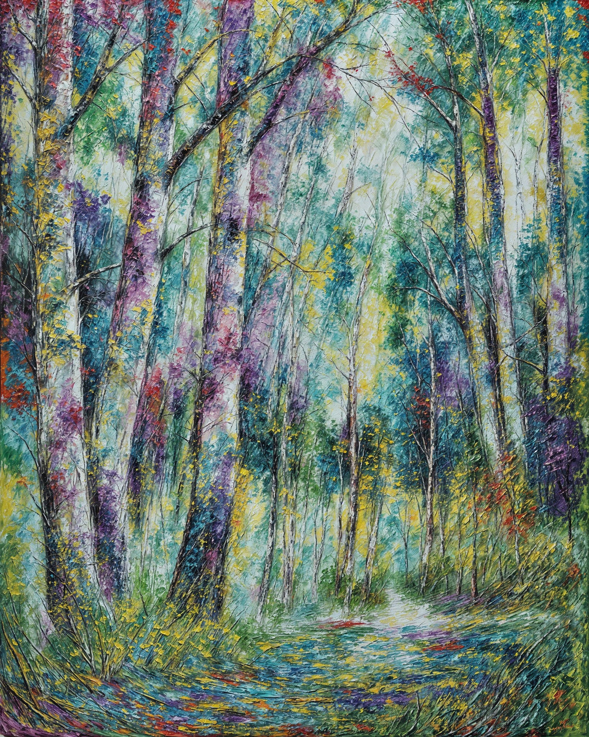 Cuadro de paisaje con troncos vertical - la obra