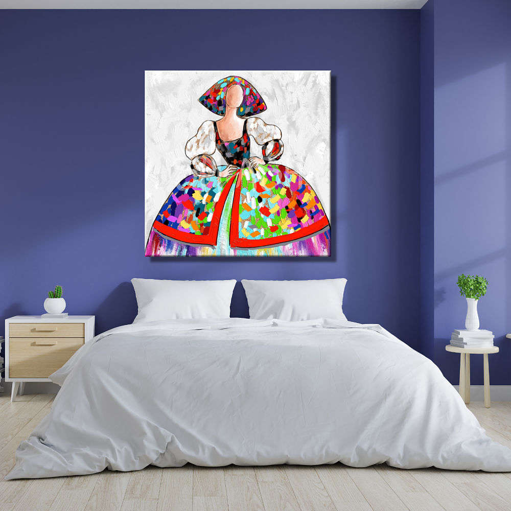 Cuadro de menina colorido con arpillera