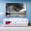 Painting with black and white lighthouse