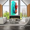 Painting red and turquoise abstract composition