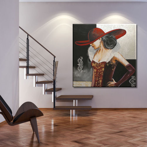 Silver and Red Lady Painting With Hat