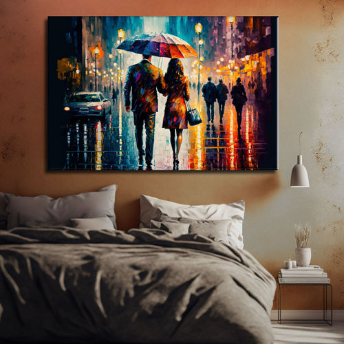 Painting urban scene couple & umbrella