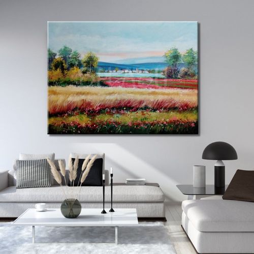 Cuadro de paisaje con trigal y flores rojas