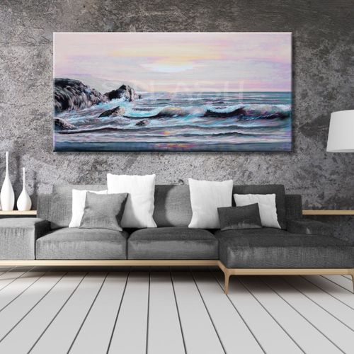 Beach Painting with waves and rocks at sunset