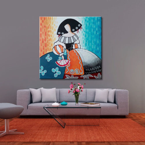 Modern Menina in turquoise and orange with fan