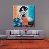 Modern Menina in turquoise and orange with fan
