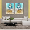 Pair of sepia and turquoise meninas paintings