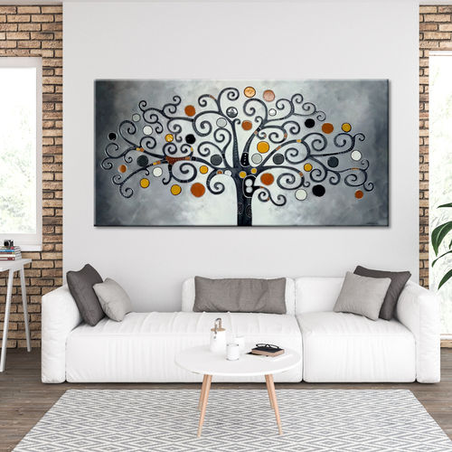 Tree of Life painting in ochre grey and silver