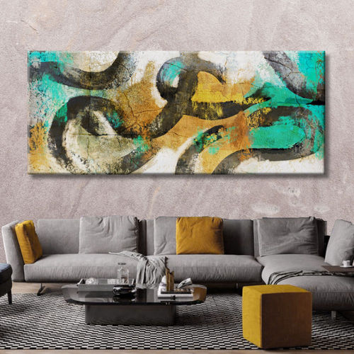 Abstract painting with ochre and turquoise graphics