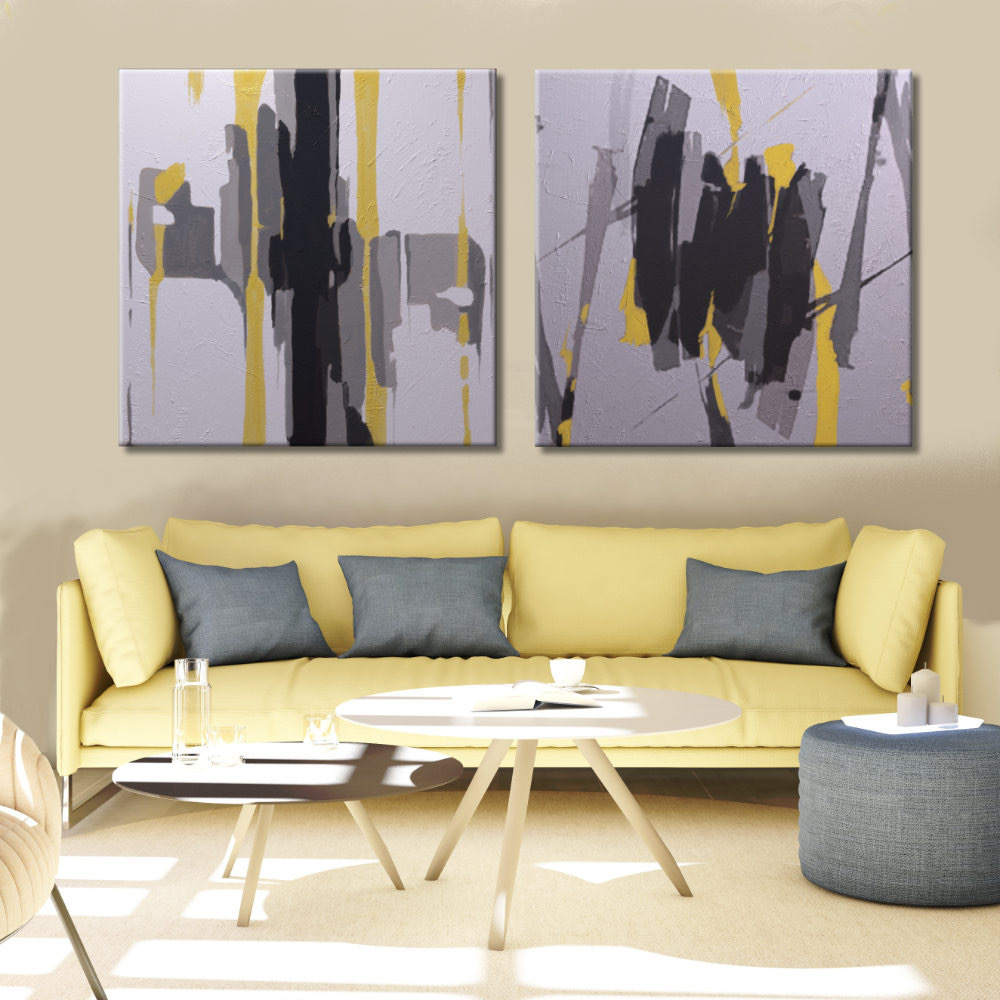 Abstract Diptych in Gray and Yellow