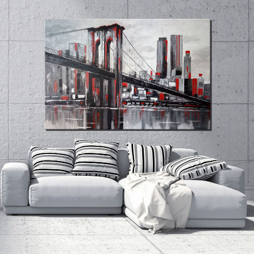 New York painting with skyline and Brooklyn Bridge and colorful buildings for above the original large format sofa