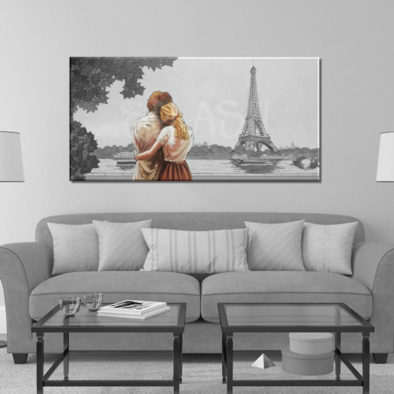 Parisian painting with scene of couple strolling with umbrella in black and white and red hand painted original Splash 