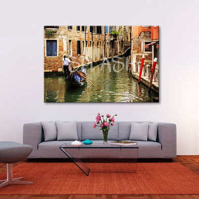 Cuadro veneciano de Canal con gondolero góndola entre edificios impreso en lienzo para salón 