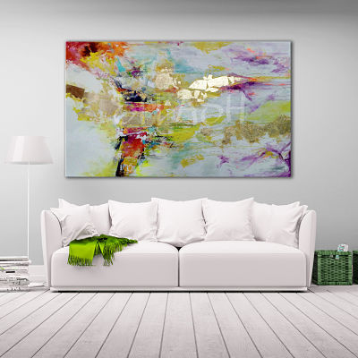 Cuadro abstracto con aguadas colorido con pan de oro y distintas tonalidades pintado