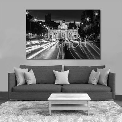 Black and white photo of Puerta de Alcalá in Madrid printed on canvas. 