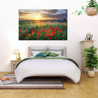 Country landscape painting in greens with red flowers printed on photo canvas 