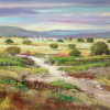 cuadro de paisaje campestre colorido con pueblo camino y flores pintado a mano