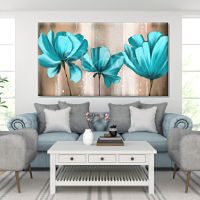 Hand-painted painting of turquoise flowers with ochre and white sepia background for salon