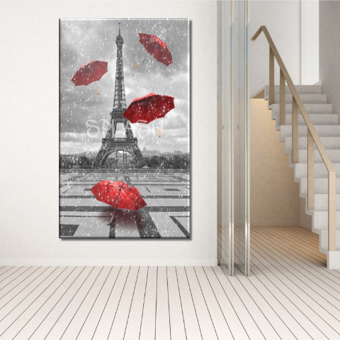 Parisian painting with city scene with Eiffel Tower and red umbrellas flying over the rain printed on canvas 