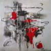 Colorful abstract painting painted by hand in black grey and red tones with texture