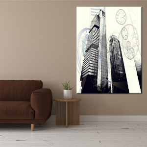 cuadro vertical con toques abstractos de las torres de Madrid en blanco y negro