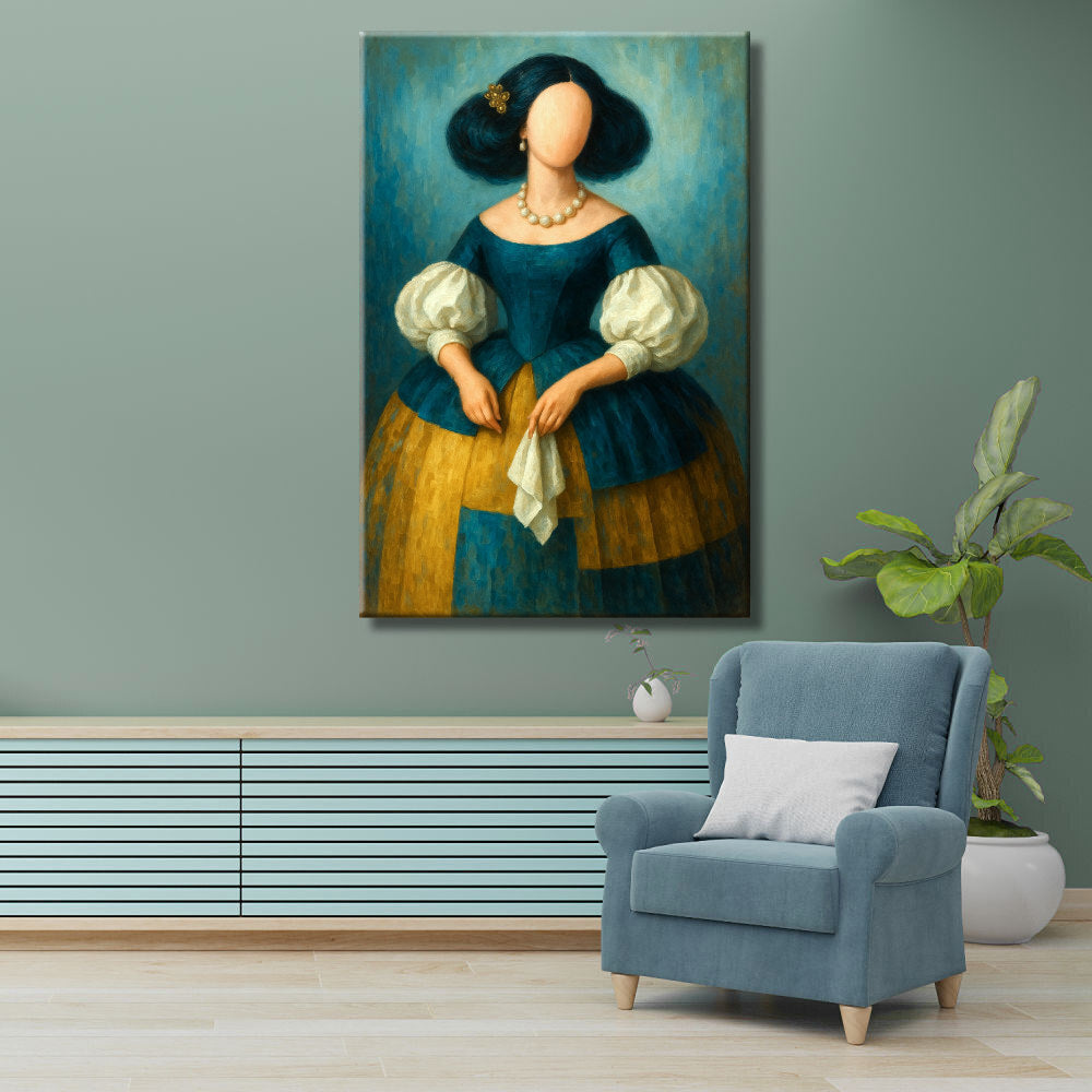 Cuadro de menina turquesa y ocre