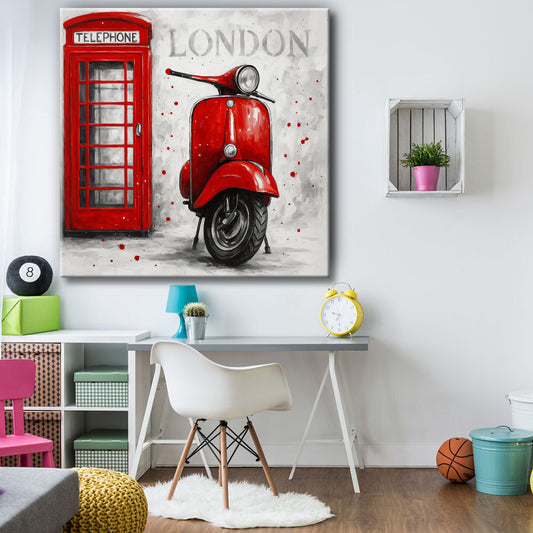 Cuadro de vespa con cabina telefónica