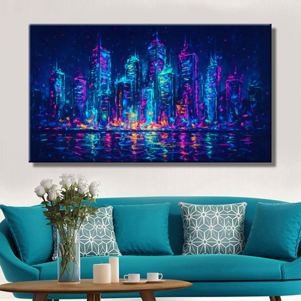 Cuadro con skyline de edficios nocturno