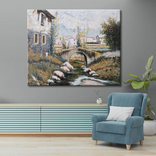 Cuadro de paisaje clásico casas y puente